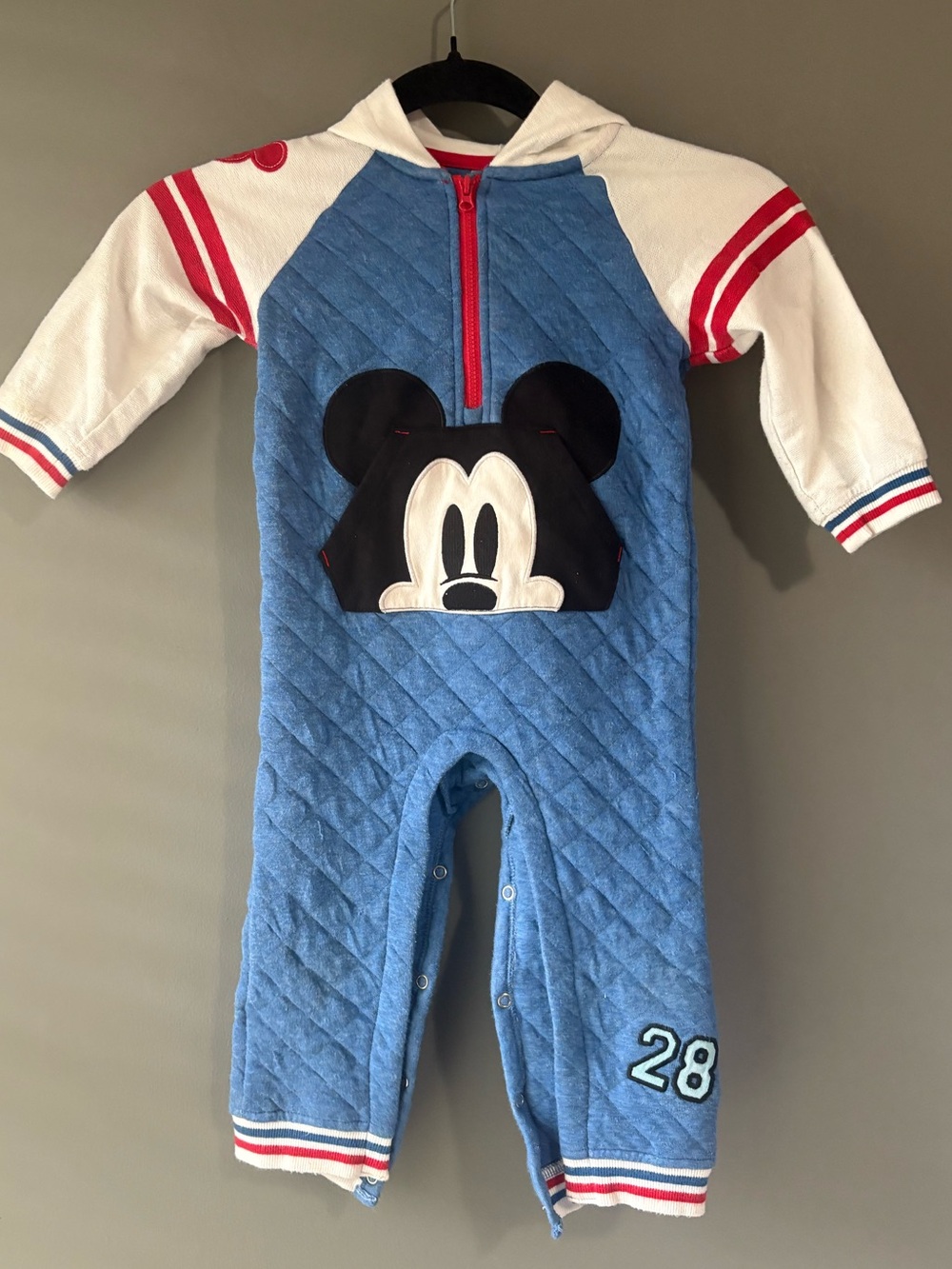 Disney Baby Mickey Mouse Quilted Hooded Romper Jumpsuit 18-24M Blue Red